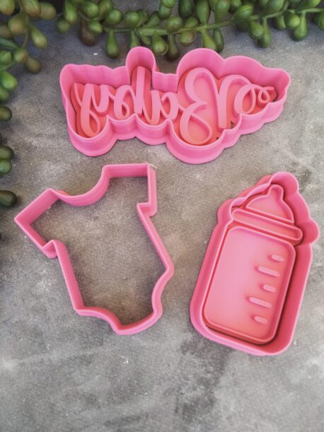 Baby Text, Onesie & Baby Bottle Set Cookie Fondant Embosser Stamp and Cutter Baby Shower Cookie Cutter