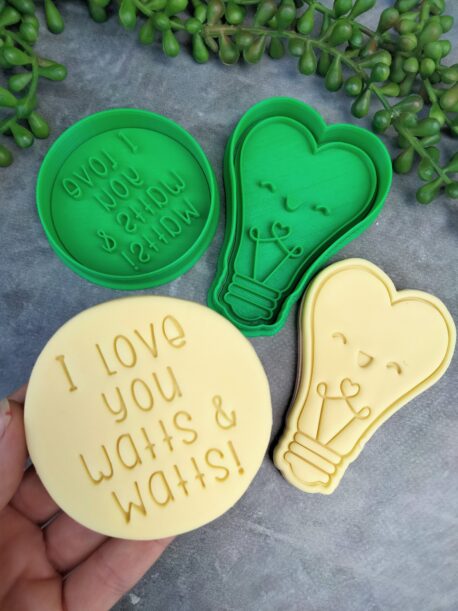 I love you Watts & Watts / Cute Heart Lightbulb Cookie Fondant Embosser Stamp & Cutter