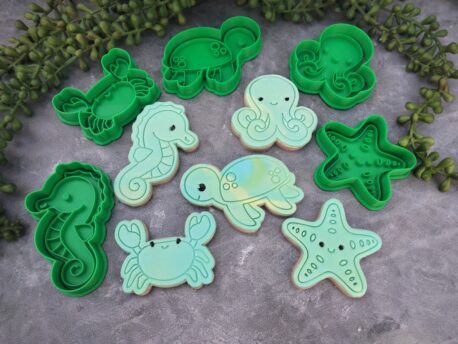 Octopus, Starfish, Seahorse, Turtle & Crab Cookie Cutter and Fondant Stamp Embosser Set Ocean Creatures Under the Sea