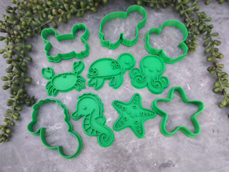 Octopus, Starfish, Seahorse, Turtle & Crab Cookie Cutter and Fondant Stamp Embosser Set Ocean Creatures Under the Sea
