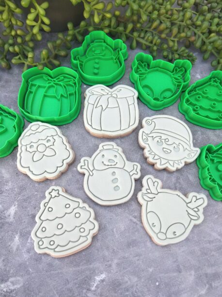 Christmas Set, Santa, Rudolph, Snowman, Xmas Tree, Elf, Present Cookie Fondant Embosser Imprint Stamp and Cookie Cutter