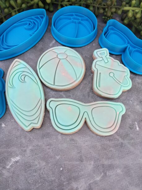 Beach Theme Cookie Cutter and Fondant Embosser Imprint Stamp Set Beach Ball, Sunnies Sunglasses, Bucket and Spade, Surfboard