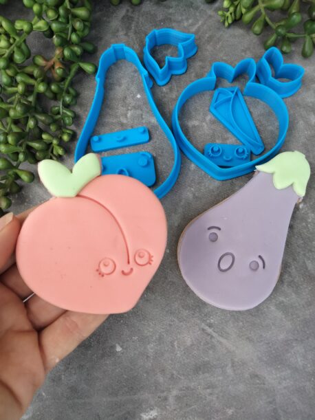 Eggplant and Peach Cookie Cutter and Fondant Embosser Stamp 8 piece Set Emoji Kawaii