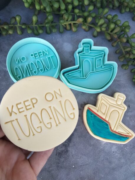 Keep on Tugging Valentines Day theme Tugboat Cookie Cutter and Cookie Embosser Set