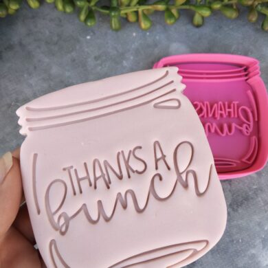 Mason Jar Cookie Cutter with text 'Thanks a Bunch' Cookie Fondant Embosser Stamp and Cutter Flowers