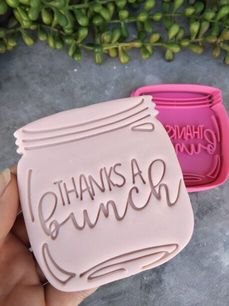 Mason Jar Cookie Cutter with text 'Thanks a Bunch' Cookie Fondant Embosser Stamp and Cutter Flowers