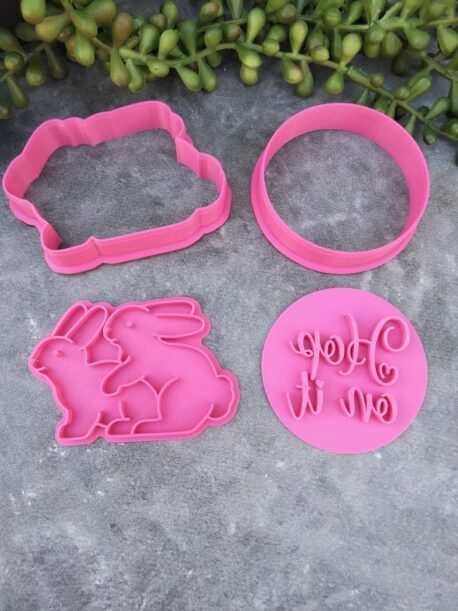 Adult Bunnies "Hop on It" Cookie Cutter and Fondant Embosser Stamp Set - Easter