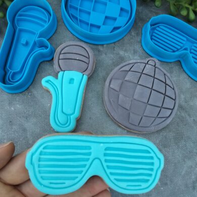 Disco Party Theme Cookie Fondant Embosser Imprint Stamp & Cookie Cutter 3 Piece Set Disco Mirror Ball Microphone Shutter Shades