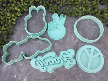 Seventies Hippy Theme Cookie Fondant Embosser Imprint Stamp & Cookie Cutter 3 Piece Set Peace Symbol, Groovy Text, Peace Sign Hand Gesture V Sign 70's
