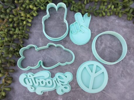 Seventies Hippy Theme Cookie Fondant Embosser Imprint Stamp & Cookie Cutter 3 Piece Set Peace Symbol, Groovy Text, Peace Sign Hand Gesture V Sign 70's