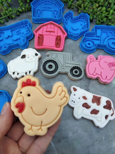 Farm Animals Fondant Embosser Imprint Stamp & Cookie Cutter Set 6 Piece Pig Sheep Cow Chicken Tractor Barn