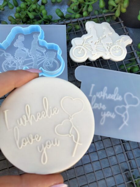 I wheelie love you with couple on bicycle silhouette Cookie Cutter and Fondant Embosser Set for Valentines Day