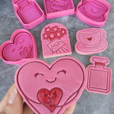 Mothers Day 4 Piece Set, Perfume, Bunch of Flowers, Coffee Cup, Heart Cookie Fondant Embosser Imprint Stamp and Cookie Cutters PYO Mothers Day Cookies