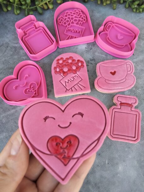 Mothers Day 4 Piece Set, Perfume, Bunch of Flowers, Coffee Cup, Heart Cookie Fondant Embosser Imprint Stamp and Cookie Cutters PYO Mothers Day Cookies