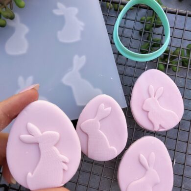Four Bunny Silhouettes Fondant Cookie Stamp with Raised Detail  and Egg Shaped Cookie Cutter - Easter