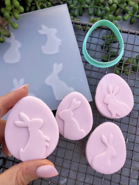 Four Bunny Silhouettes Fondant Cookie Stamp with Raised Detail  and Egg Shaped Cookie Cutter - Easter