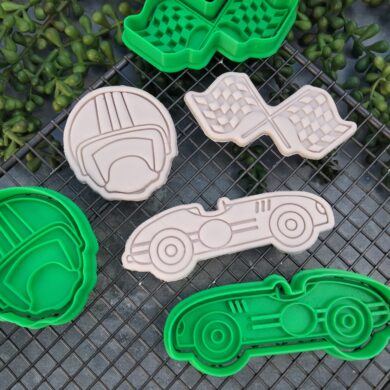 Vintage Racecar, Helmet and Checkered Racing Flags Cookie Cutter and Fondant Embosser Set Retro Racing Party