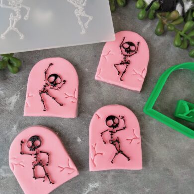 Four Skeleton Silhouettes Fondant Cookie Stamp with Raised Detail and Grave Shaped Cookie Cutter - Halloween