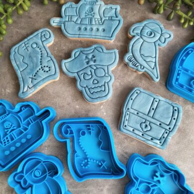 Pirate Theme Fondant Embosser Stamp & Cookie Cutter Set - Pirate, Treasure Map & Chest, Pirate Ship, Parrot