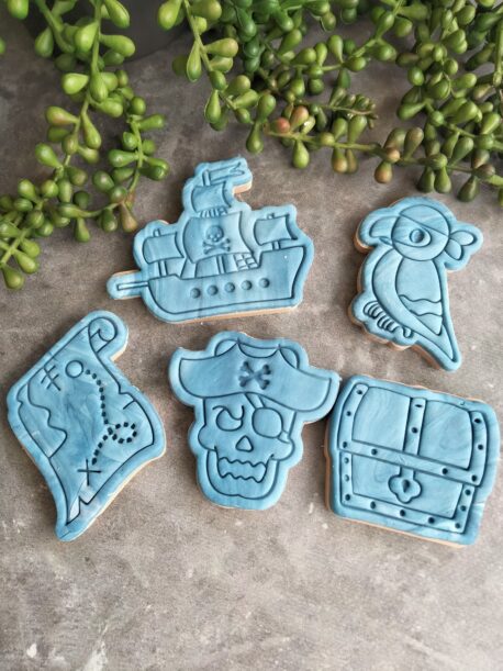 Pirate Theme Fondant Embosser Stamp & Cookie Cutter Set - Pirate, Treasure Map & Chest, Pirate Ship, Parrot
