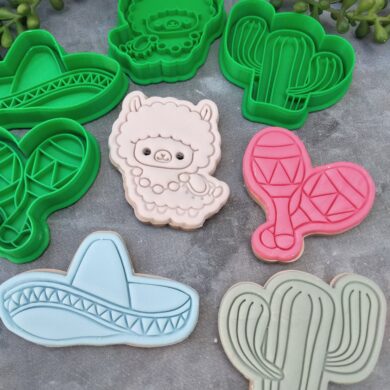 Mexican Fiesta Theme Fondant Embosser Stamp & Cookie Cutter Set – Cactus, Llama, Maracas, Sombrero