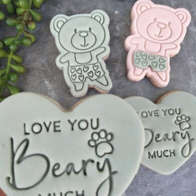 “I love you Beary much” with Underwear Teddy Bear Cookie Cutter & Fondant Embosser Stamp Set Valentines Day
