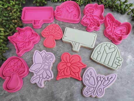 Fairy Garden Cookie Cutter and Fondant Embosser Set, Mushroom, Butterfly, Fairy Door, Wooden Sign, Flower, Fairy Cookie Cutter 6 Piece Set