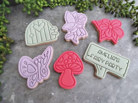 Fairy Garden Cookie Cutter and Fondant Embosser Set, Mushroom, Butterfly, Fairy Door, Wooden Sign, Flower, Fairy Cookie Cutter 6 Piece Set
