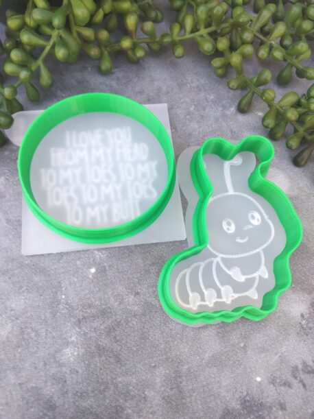 I love you from my head to my toes to my toes to my toes to my butt Cookie Fondant Cookie Stamp with Raised Detail Set with Caterpillar Cookie Cutter – Valentines Day