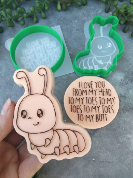 I love you from my head to my toes to my toes to my toes to my butt Cookie Fondant Cookie Stamp with Raised Detail Set with Caterpillar Cookie Cutter – Valentines Day