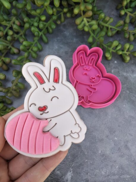 Bunny hugging an egg Cookie Fondant Embosser Stamp and Cookie Cutter