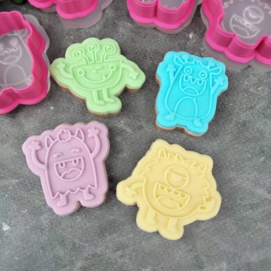 Mini Monster Cookie Cutter and Raised Cookie Fondant Stamp Set of 4 Monsters