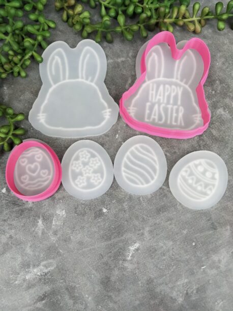 Easter Bunny Plaque, Happy Easter and 4 x Easter Egg Pattern Raised Stamps and Cookie Cutter Set - Easter