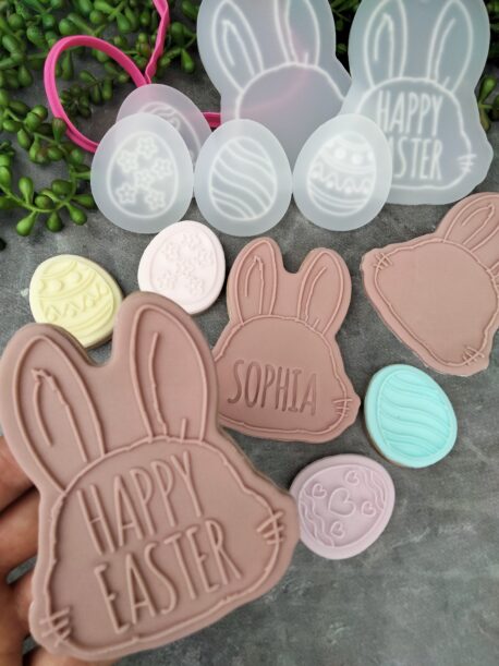 Easter Bunny Plaque, Happy Easter and 4 x Easter Egg Pattern Raised Stamps and Cookie Cutter Set - Easter