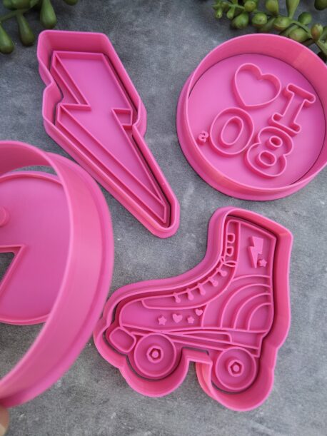 Eighties Theme Cookie Fondant Embosser Imprint Stamp & Cookie Cutter 4 Piece Set Roller Skates, I love 80's, Gaming Icon, Lightening Bolt