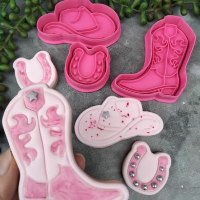 Cowgirl Boots, Hat, Horseshoe Cookie Cutter and Fondant Embosser Set of 3 - Last Rodeo Disco Theme Cowboy Hens Party Engaged Bachelorette