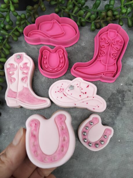 Cowgirl Boots, Hat, Horseshoe Cookie Cutter and Fondant Embosser Set of 3 - Last Rodeo Disco Theme Cowboy Hens Party Engaged Bachelorette