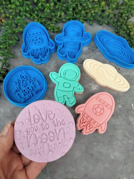 Love you to the Moon and Back Space Themed Cookie Cutter and Fondant Embosser Set - Fathers Day, Mothers Day, Valentines Day.
