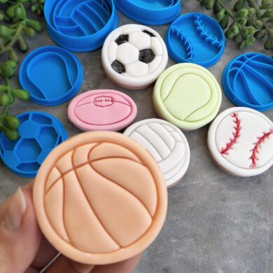 Mini Sports Balls Cookie Cutter and Fondant Stamp Embosser (Set of 6) Football, Basketball, Baseball, Netball, Soccer, Tennis