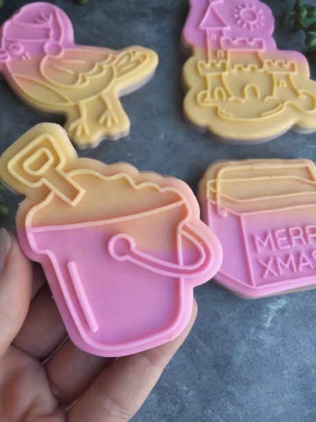 Aussie Christmas Cookie Cutter Set. Seagull, Esky, Sandcastle and Bucket Raised Fondant Stamp and Cookie Cutter Set set