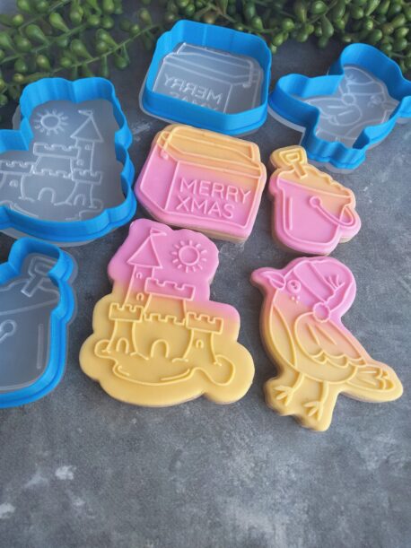 Aussie Christmas Cookie Cutter Set. Seagull, Esky, Sandcastle and Bucket Raised Fondant Stamp and Cookie Cutter Set set