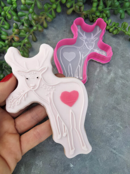 Deer with Love heart patch Cookie Cutter and Raised Fondant Stamp - Valentines Day Pun, I love you Deerly