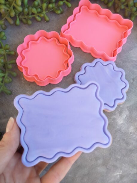 Wavy Border Cookie Cutter and Imprint Embosser Stamp Set Round and Rectangle