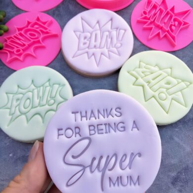 Thanks for being a Super Mum with POW, BAM, ZAP Hero Sound Effects Fondant Embosser Stamp Set and Cookie Cutter Mother Day Gift Hero Speech Bubbles