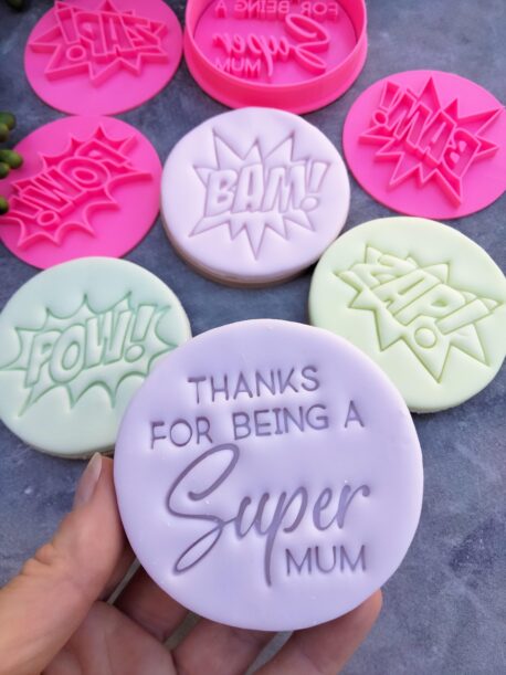 Thanks for being a Super Mum with POW, BAM, ZAP Hero Sound Effects Fondant Embosser Stamp Set and Cookie Cutter Mother Day Gift Hero Speech Bubbles